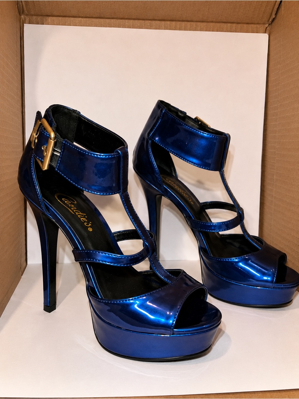 Candie's Metallic Navy Blue T-Strap Platform Heels